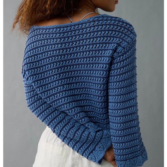 American Eagle Ballet Sweater XL Blue Knit Scallop Hem Real Soft - Picture 2 of 10